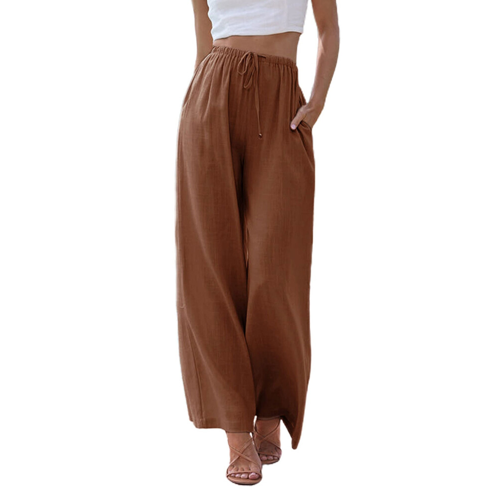 Solid color women's cotton and linen  wide-leg pants,-Orange L