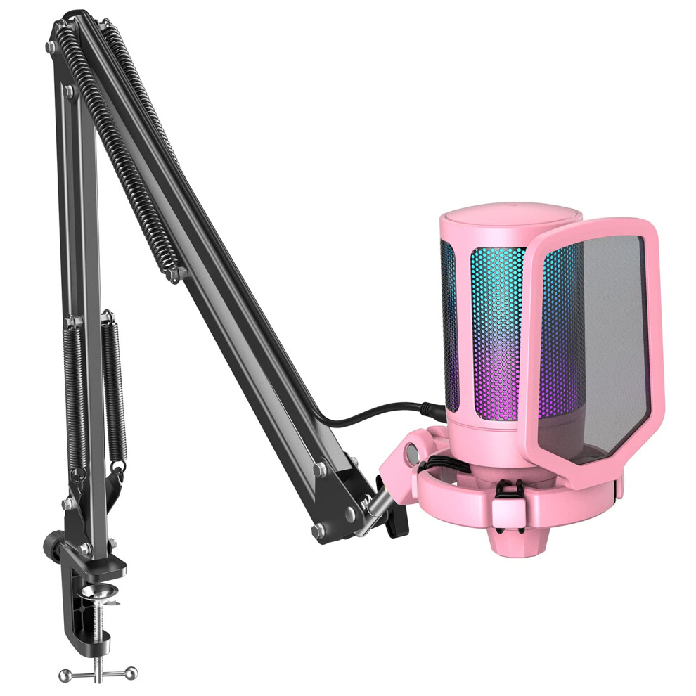Fifine Streaming Usb Microphone Kit, Pc Gaming Mic Set, Condenser Cardioid Rgb Mic For Desktop, Laptop, With Tap-To-Mute, Gain Knob-A6t Pink