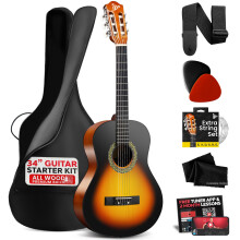 Pyle Beginner Acoustic Guitar Kit, 1/2 Junior Size All Wood Instrument for Kids, Adults, 34" Sunburst Teardrop Matte