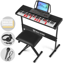 MUSTAR Piano Keyboard with Lighted Up Keys, Learning Keyboard Piano 61 Keys for Beginners, Electric Piano Keyboard with Bench, Stand, Headphones, Mic
