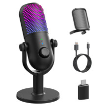 USB Microphone for PC Gaming: Condenser Microphone RGB with Stand Mic - Recording Mic for Computer & Laptop with Quick Mute - Desk Podcast Mic for Po