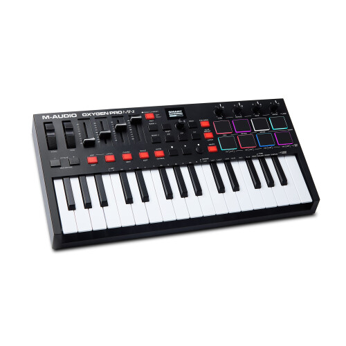 M-AUDIO Oxygen Pro Mini 32-Key USB MIDI Keyboard Controller for MacOS and WinOS, with Beat Pads, Assignable Knobs and Faders, and Native Instruments