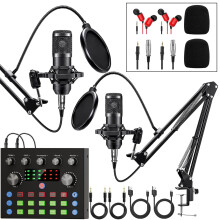 Brvomussy Podcast Equipment Bundle for 2, Audio Interface with Voice Changer Condenser Microphones for Gamer, All-In-One Audio Mixer Perfect for Live