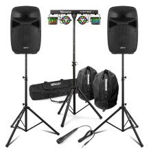 Vonyx VPS102A 10" Active DJ Speaker System Set with BeamZ PartyBar2 Lighting, Speaker Stands, Microphone & Carry Bags - Complete Home DJ Setup Kit