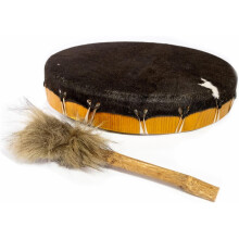 Round Shaman Drum, Shaman Drum - Natural Hairy Goatskin with Plush Beater (35cm)