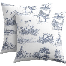 Marineblauwe en witte kussenslopen met toileprint, 16x16 inch, katoenlinnen.