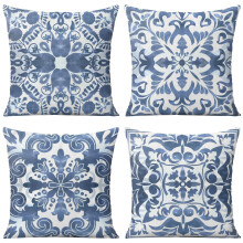 Boho bloemenpatroon kussenhoezen in blauw en wit, 16x16 inch, set van 4