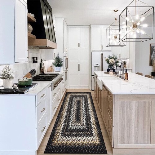 Runner rug washable braided boho geometric 2 ft x 8 ft black