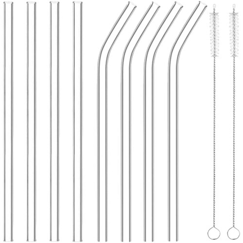 Roofei reusable glass straws set 8 pcs with cleaning brushes