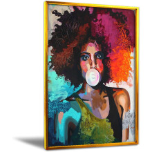 Wandbild mit goldenem Aluminiumrahmen, Graffiti-Gemälde einer schwarzen Frau, abstrakte Leinwand mit Afro-Frisur – moderne Wohndekoration