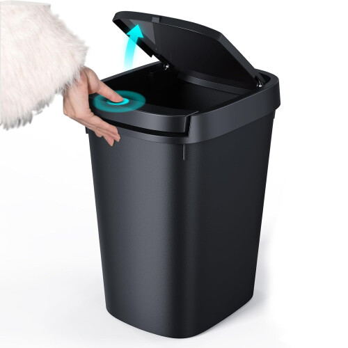 Slim10L Kunststoff-Abfalleimer mit Pressdeckel, Schwarz