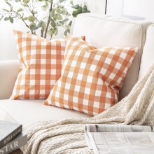 Coussin décoratif à carreaux vichy 45 x 45 cm, orange et blanc, lot de 2