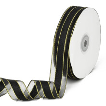 Organza Ribbon Golden Wired Edge Black 1 inch 50 yards