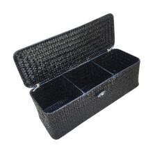 Opbergdoos met 3 vakken, rieten mand met deksel, opbergdoos voor diverse spullen, opbergbak, bureau-organizer