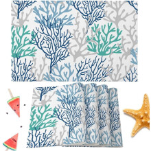 Set van 6 placemats met oceaan- en koraalmotief, wasbaar, katoen-linnen.