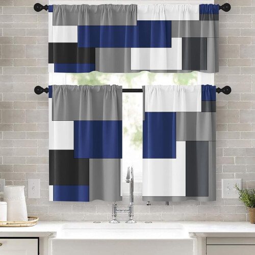 Navy Blue Geometric Kitchen Curtains Set 36 inch