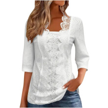 Women's elegant top with 3/4 sleeves, button lace trim,-White M