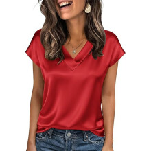 Women's 2025 V Neck Satins Business Office Work Blouse-Red L