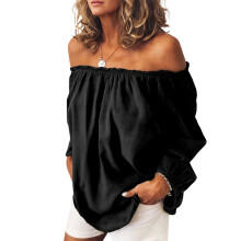 Womens Off Shoulder Tops Linen Cotton Tunic Tops Long-Black 4XL