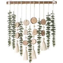 Bohemian Wall Hanging with Tassels & Artificial Greenery Leaves on Wood Stick for Farmhouse Decor
