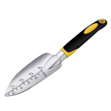 Kleine tuinschep van gegoten aluminium met maatverdeling en ergonomische antislip TPR-handgreep voor graven en planten.