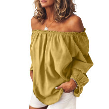 Womens Off Shoulder Tops Linen Cotton Tunic Tops Long-Yellow L