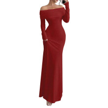 Women's Long Sleeve Off The Shoulder Bodycon Dress-Burgundy L