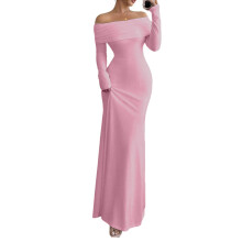 Women's Long Sleeve Off The Shoulder Bodycon Dress-Pink L