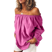 Womens Off Shoulder Tops Linen Cotton Tunic Tops Long-Pink XXL