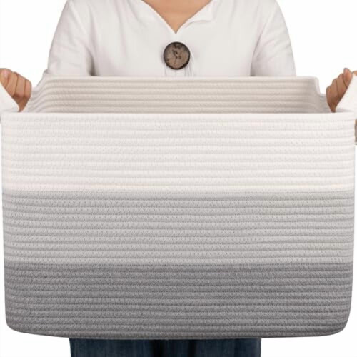 Cesto de armazenamento retangular em corda de algodão, 22x17x12 polegadas