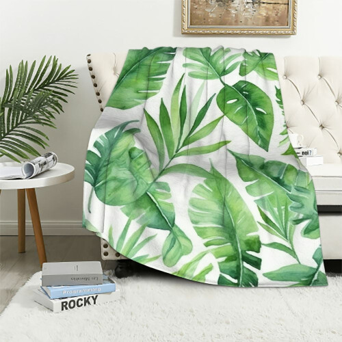 Flaneltæppe med tropisk palmeblad, 100130 cm