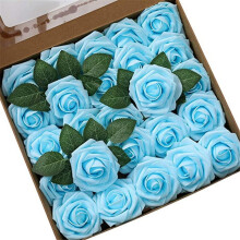 Roses artificielles en PE bleu clair – 25 pièces, fleurs de 8 cm,