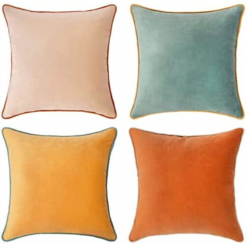 Ensemble de 4 housses de coussin en velours – Beige, Turquoise,