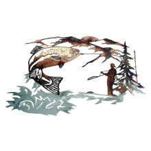 Metalen wanddecoratie met jachttafereel op forel, 30x25 cm