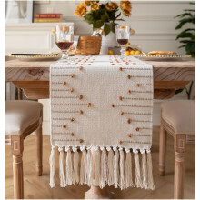 Camino de mesa estilo bohemio, 33 x 228 cm, algodón natural con borlas.