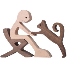 Houten beeldje van een honden- en kattenfamilie, handgemaakte houten decoratie, schattige puppy en kitten met mensen, sculptuur/ornament voor thuis,