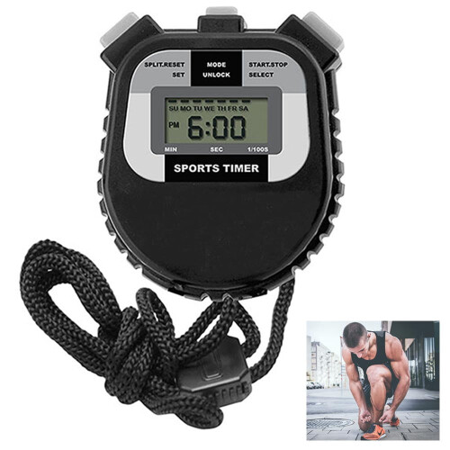 Cronômetro eletrônico digital LCD esportivo com data, hora, alarme e contador.
