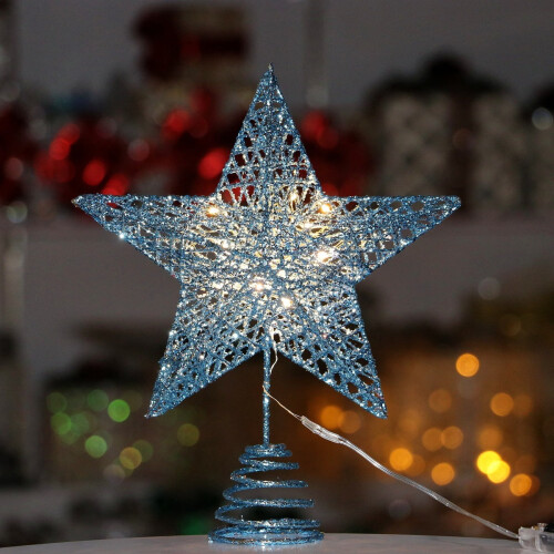 GoXteam Lighted Christmas Star Tree Topper Silver Blue