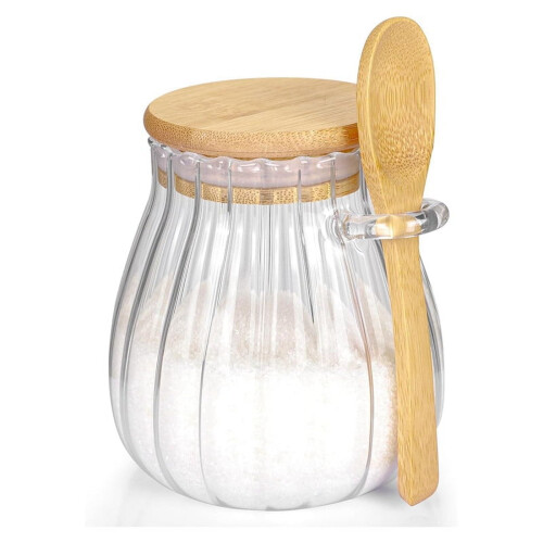 Pote de vidro para açúcar com tampa de bambu e colher inclusos (600ml)