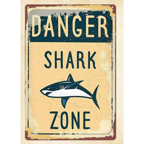 Plaque en métal rétro « Zone de danger requin » 20 x 30 cm