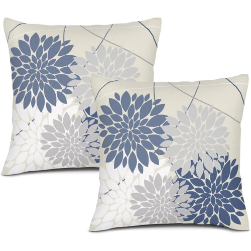 Conjunto de 2 capas de almofada Dahlia em azul marinho, branco e cinza, 45x45cm (18x18 polegadas).