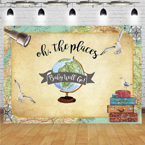Cenário "A Aventura Começa" com Mapa Mundi e Desenho de Flores, 72x108 polegadas