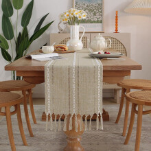 Table Runner Cotton Linen with Tassels 72 Inches Beige