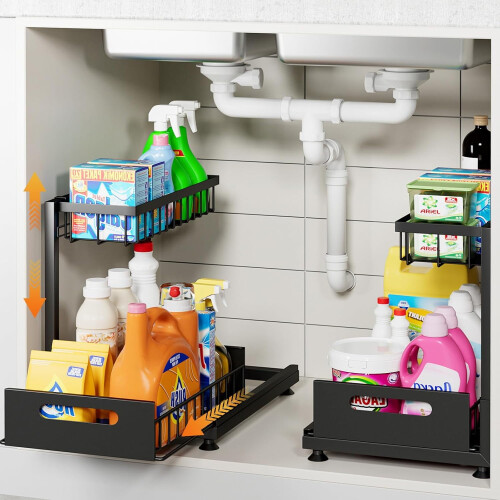 Under Sink Organizer 2-Tier Metal Pull-Out Rack 2 Pack