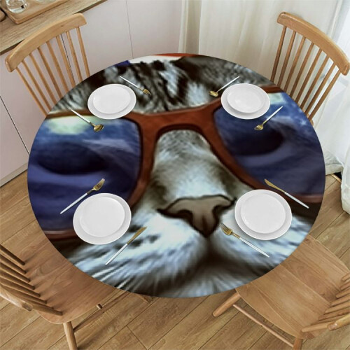 Cat with Glasses Round Tablecloth, Polyester, 1pc