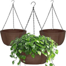 Maceta colgante de tela no tejida marrón de 25 cm con cadena para plantas de exterior, drenaje superior.