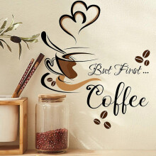 Decorative Flower Wall Art Sticker, But First Coffee, Black PVC Self-Adhesive for Home