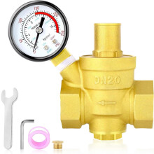 Zawór regulujący ciśnienie wody z mosiądzu 3/4 cala, DN20, z manometrem 0-250 PSI, żółty
