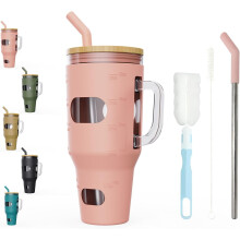 Bicchiere termico in vetro da 950 ml con manico, compatibile con i portabicchieri per auto, coperchio in bambù a tenuta stagna, cannuccia,