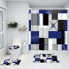 Blaues Duschvorhang-Set mit rutschfester Badematte und WC-Deckel